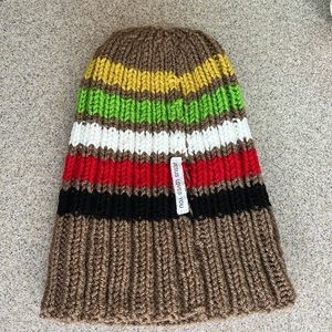 Multicolored hand knit beanie winter hat “Jesus Loves You”Brown,Yellow,Green,Red